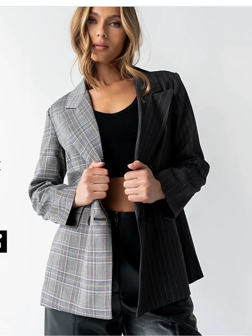 Two-Tone Gray Plaid & Black Pinstripe Blazer - Women's Jacket